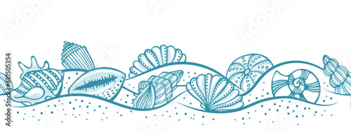 Hand drawn sea shells on the sand. Illustration of blue seashells on a white background. Vector