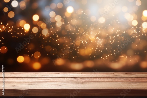 Empty wooden table on the background of a Christmas tree  golden bokeh.Christmas background. Merry Christmas and Happy New Year  Ready product for installation. Layout.