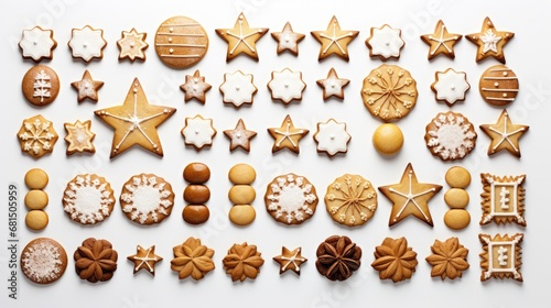 Pattern of various Christmas cookies lying on a white background. ginger christmas cookies