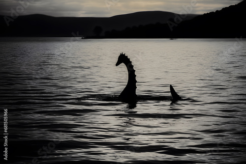 Silhouette of sea monster swimming in lake photo