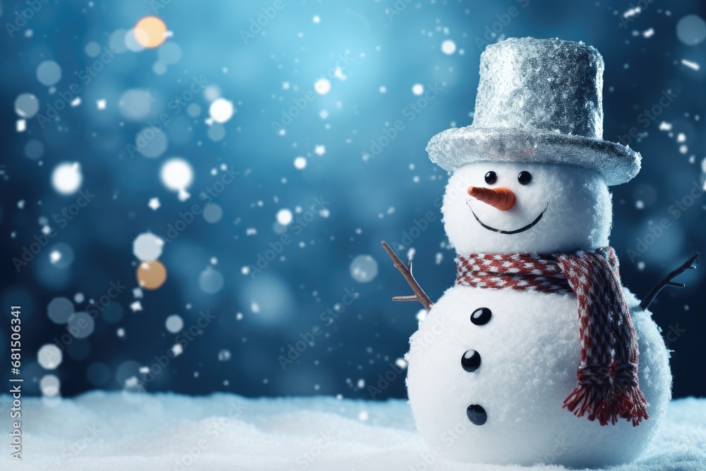 Merry Christmas and Happy New Year greeting card. Happy snowman standing in a Christmas landscape. Snow background. Winter's Tale. Merry Christmas and Happy New Year greeting card. Happy snowman standing in a Christmas landscape. Snow background. Winter's Tale.