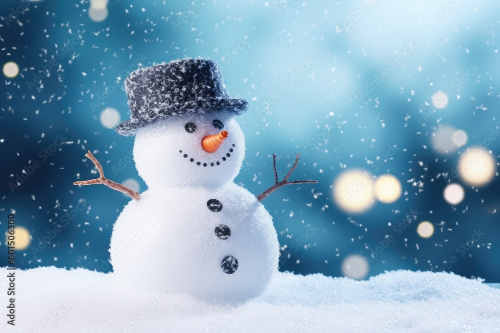 Merry Christmas and Happy New Year greeting card. Happy snowman standing in a Christmas landscape. Snow background. Winter's Tale.