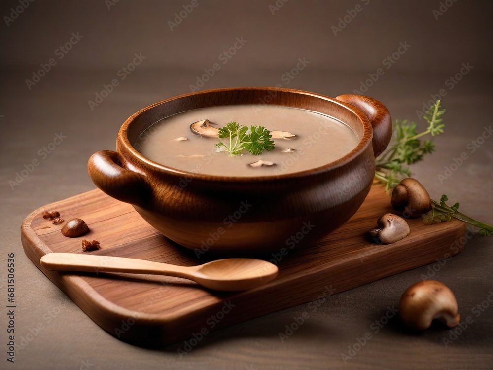 mushroom soup in a wooden plate mushroom soup in a wooden plate