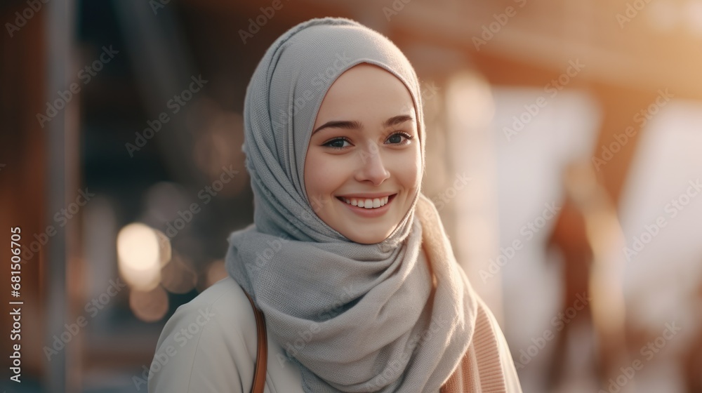 Portrait of a smiling Islamic woman. Cute Muslim girl. Beautiful Muslim woman model posing against studio background. Portrait of a woman in hijab Portrait of a smiling Islamic woman. Cute Muslim girl. Beautiful Muslim woman model posing against studio background. Portrait of a woman in hijab
