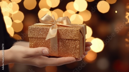 Close-up of woman's hands holding a gift box. Christmas, year week, birthday concept. Festive background with bokeh and sunlight. Shallow depth of field with emphasis on the box
