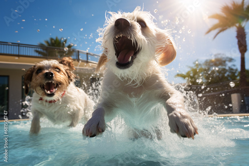 Two cute Maltese dogs enjoy playing in pet friendly hotel swimming pool on vacation. photo