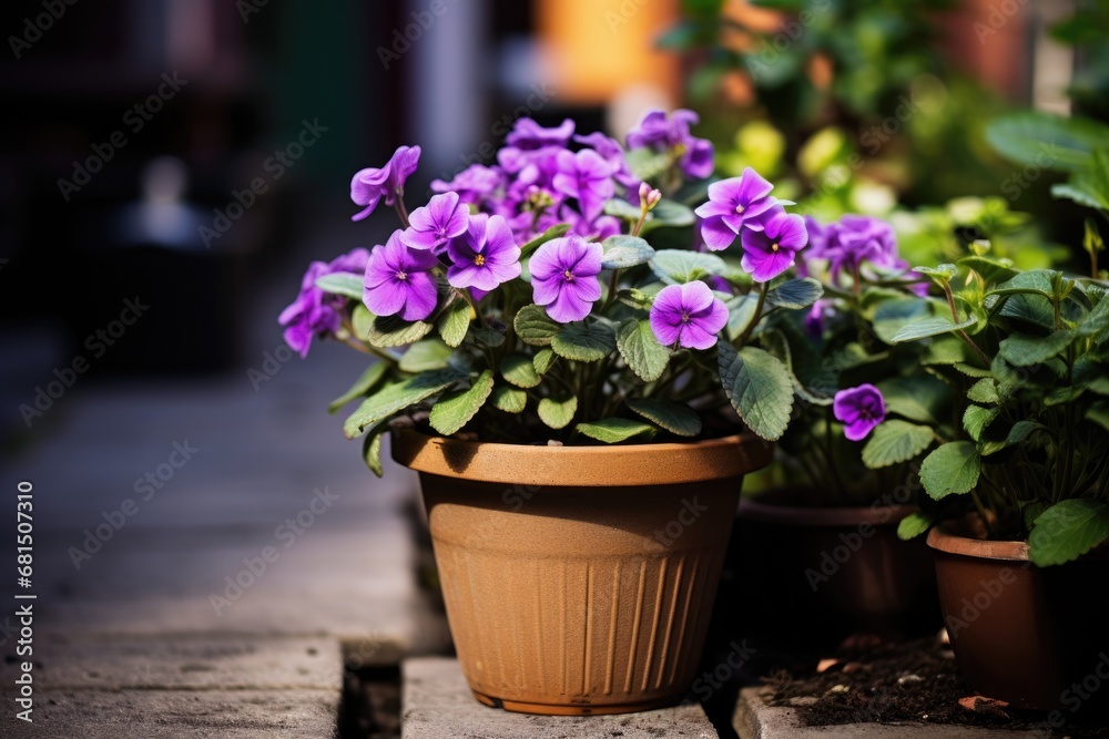 Violet flower in pot stand outdoor. Unfocus street background.