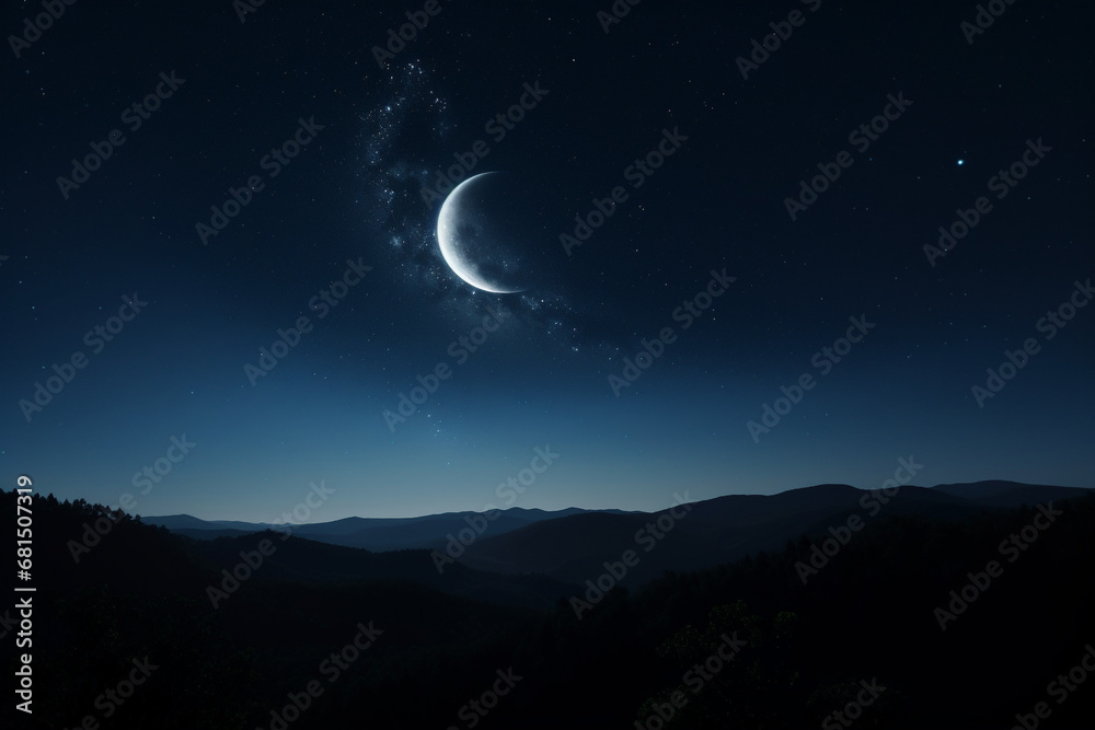 Night sky with crescent moon and stars generative AI Night sky with crescent moon and stars generative AI