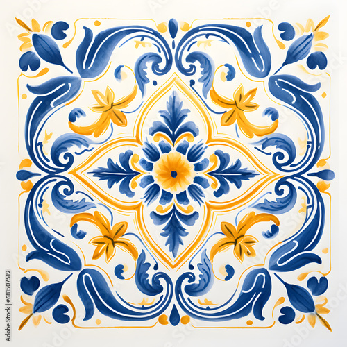 Pattern of azulejos tiles. Rustic blue and yellow tile watercolor seamless pattern