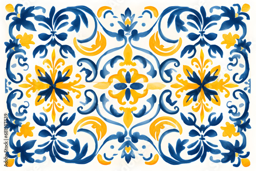 Pattern of azulejos tiles. Rustic blue and yellow tile watercolor seamless pattern 