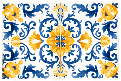 Pattern of azulejos tiles. Rustic blue and yellow tile watercolor seamless pattern  photo