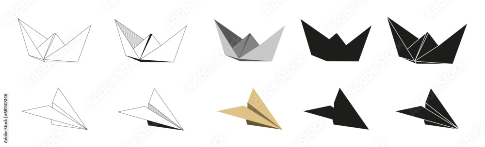 Origami ship and air plane Folded Paper Shapes. Flat Illustration Set. line, graphic, color and Black silhouette icon Origami ship and air plane Folded Paper Shapes. Flat Illustration Set. line, graphic, color and Black silhouette icon