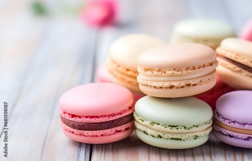macaroons cookies sweet dessert on white plate on wooden table macaroons cookies sweet dessert on white plate on wooden table