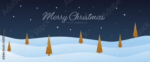 Merry Christmas. Vector background, holiday design. Night winter landscape. Snow, snowdrifts, stars and golden trees. Happy New Year.