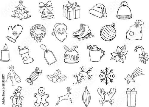 Christmas icons, hand drawn icons set, winter, christmas tree, santa claus, merry christmas graphics (ID: 681508177)