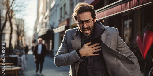 Adult man on street having heart attack, angina pectoris, myocardial infarction, chest pain, man feeling ill on street, timely prevention of cardiovascular diseases. photo
