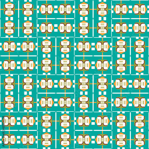 Seamless pattern with staggered abstract geometric elements. Blue-green background. Vector illustration
