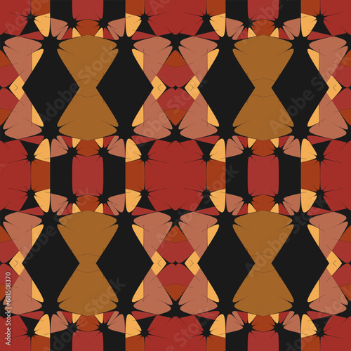 Seamless pattern in a restrained color scheme with a fantasy geometric print. Colors - burgundy, beige, yellow, black. Vector illustration