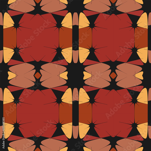 Seamless pattern in a restrained color scheme with a fantasy print. Colors - burgundy, beige, yellow, black. Vector illustration