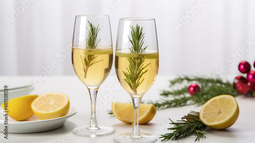 Classic glass with champagne, Christmas drink sparkling wine with lemon. Minimal style, copy space. Alcoholic drinks for Christmas party.