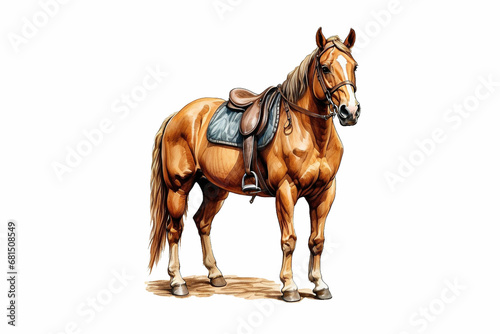 Tack Up Standing Chestnut Horse in Colored Sketch Style on White Background. Equine Illustration for Equestrian Concepts and Designs. © millering