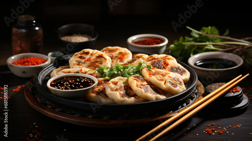 Baozi Asian food plate with chopsticks on table