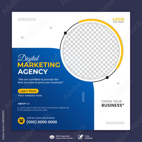 Business marketing agency promotion social media post template. Editable square banner design with place for the photo. photo