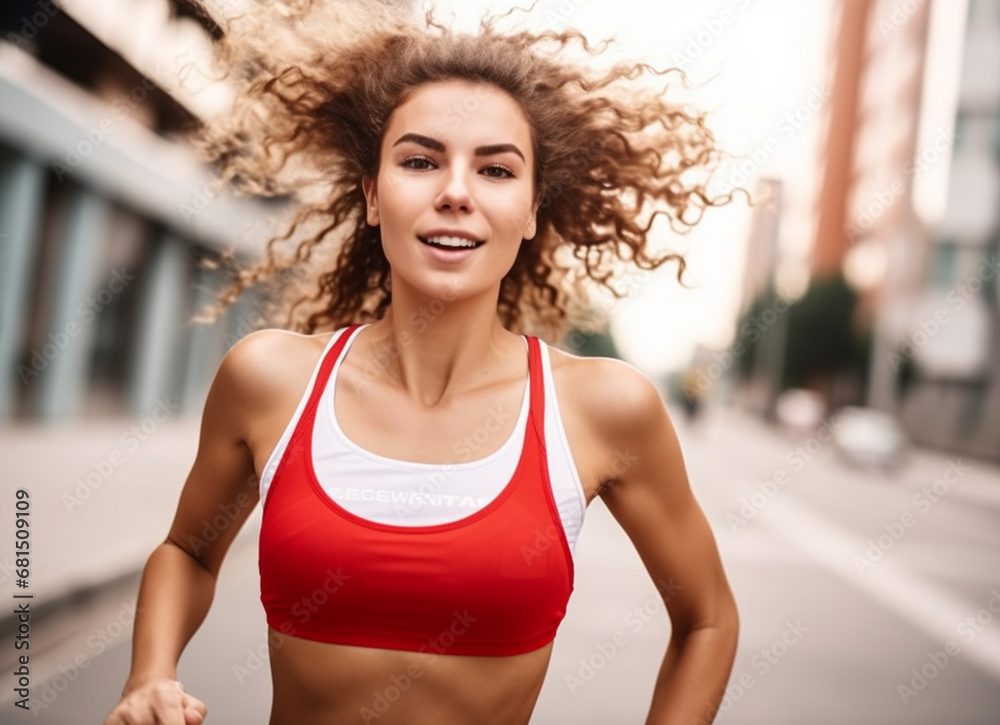 Joyful Jogging  Portrait of a Happy Young Woman in Workout Attire