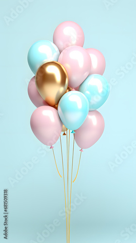 Bityhday Pink and golden balloons  isolated on blue background.
