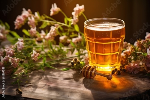 Canvas Print Enjoying a refreshing glass of handcrafted mead on a rustic wooden table adorned