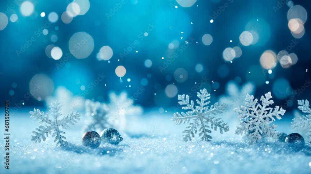 Natural Winter Christmas background with snowfall, snowflakes in different shapes and snowdrifts.
