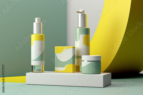 Yellow and green cosmetic presentation packaging mockup cosmetic products. Cream jar, spray, oil, lotion or shampoo, gel shower and liquid soap, antiperspirant Modern style beauty products