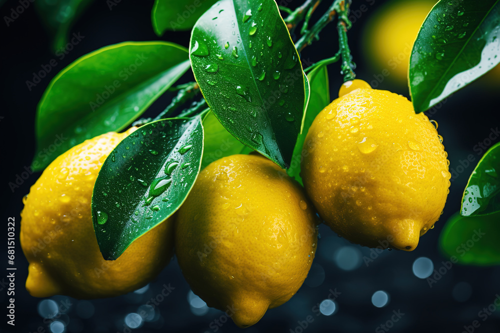 Lemon tree branch with ripe yellow lemons with water drops