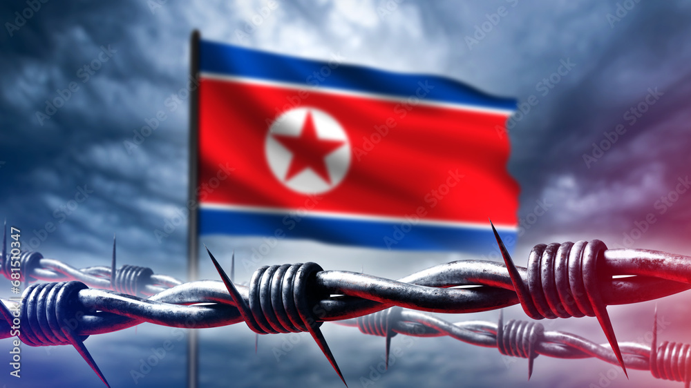 North Korean flag behind barbed wire. National symbol DPRC. Concept sanctions pressure on north Korea. Visa restrictions from DPRC. Migration policy of north Korea. Sanctions against Korea. 3d image - obrazy, fototapety, plakaty 