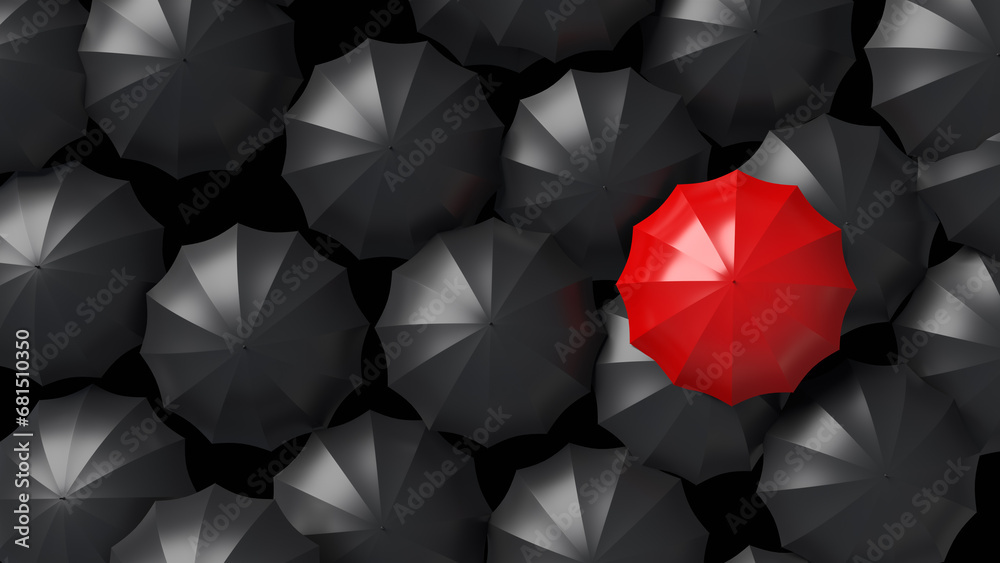 Background with umbrellas. Stylish backdrop. Red umbrella stands out among black ones. Individuality concept. One umbrella stands out from crowd. Stylish background. Fashionable umbrellas. 3d image - obrazy, fototapety, plakaty 