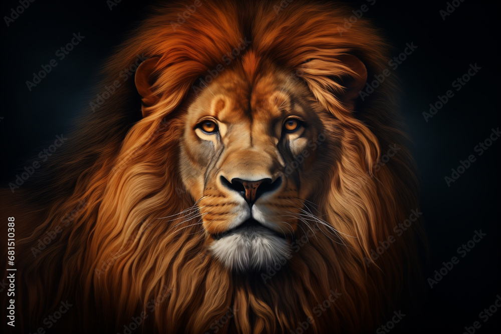 Lion head portrait isolated on dark background. Generative AI