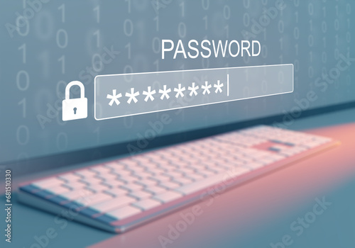 Password to protect personal data. Keyboard for entering security code. Password input field on virtual screen. Ensuring security of digital storage. Password to protect against unauthorized access photo