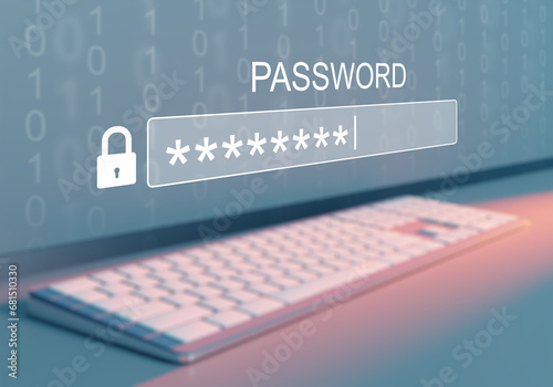 Password to protect personal data. Keyboard for entering security code. Password input field on virtual screen. Ensuring security of digital storage. Password to protect against unauthorized access