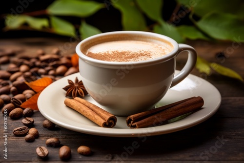 Aromatic Cardamom Coffee served in a ceramic mug and adorned with whole spices on a rustic table bathed in soft light