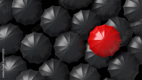 Background with umbrellas. Stylish backdrop. Red umbrella stands out among black ones. Individuality concept. One umbrella stands out from crowd. Stylish background. Fashionable umbrellas. 3d image photo