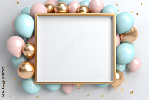Golden Frame with pink and blue balloons for photo or congratulation isolated on grey background