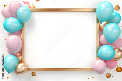 Golden Frame with pink balloons for photo or congratulation isolated on white background