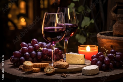 A romantic evening with a glass of aromatic Nebbiolo wine paired with traditional Italian cheeses and grapes on a vintage wooden table