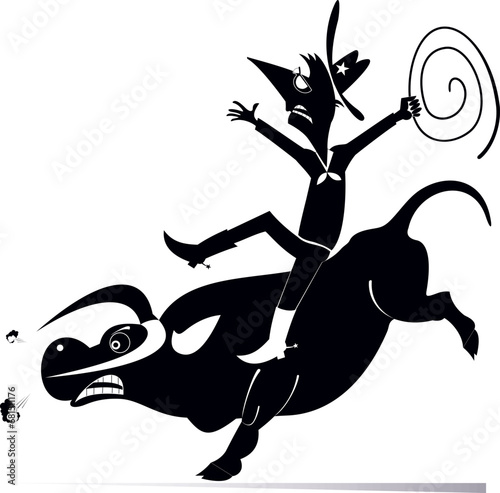 Farmer or cowboy riding a bull.
Farm. Rodeo. Farmer or cowboy with lasso rides a bull. Black and white illustration
