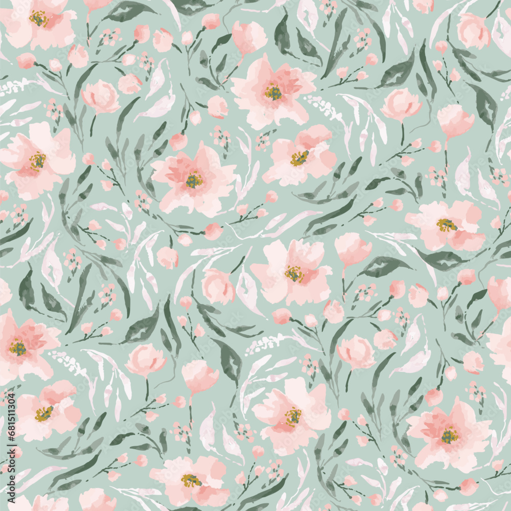 Fototapeta premium Cute feminine watercolor seamless pattern with wildflowers.hand drawn, not AI
