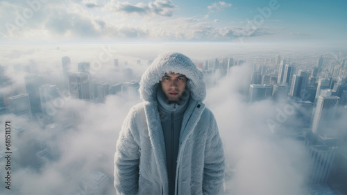 Young man in winter jacket against view of the city through the clouds