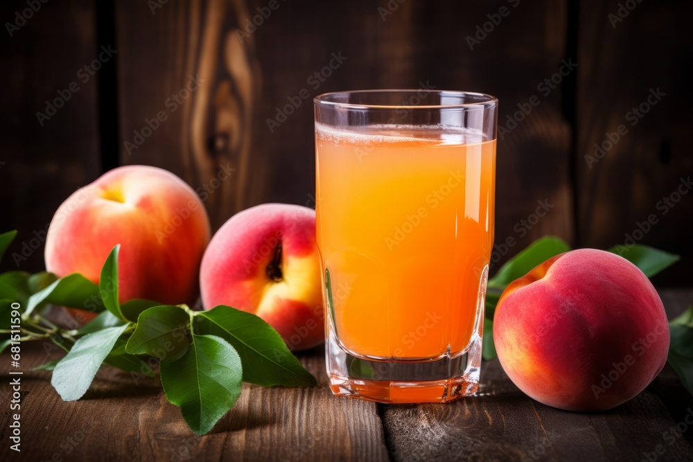 Delicious and healthy peach and apple juice served in a glass with fresh fruits scattered in the backdrop Delicious and healthy peach and apple juice served in a glass with fresh fruits scattered in the backdrop