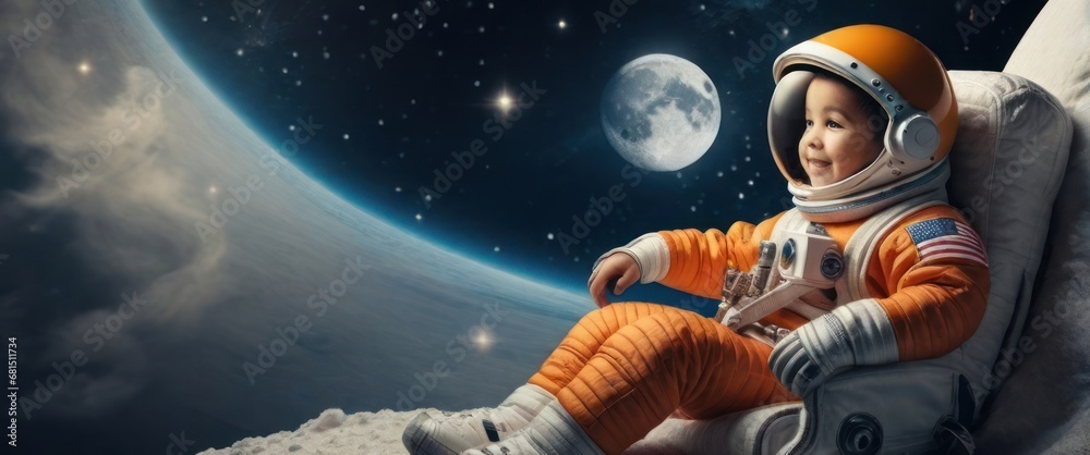 A boy in an astronaut suit travels into imaginary space. A boy in an astronaut suit travels into imaginary space.