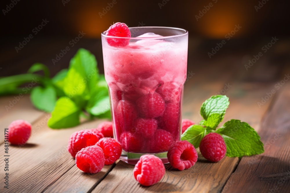 A vibrant red and white vanilla-raspberry mocktail garnished with fresh fruits on a wooden backdrop