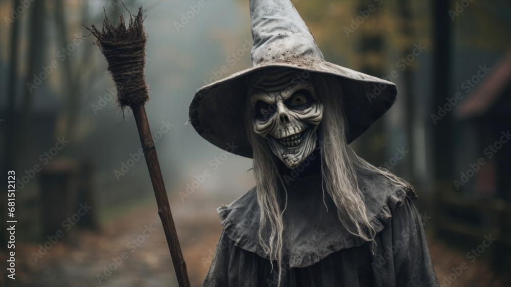 Scary ghost girl in halloween costume with broom in the forest
